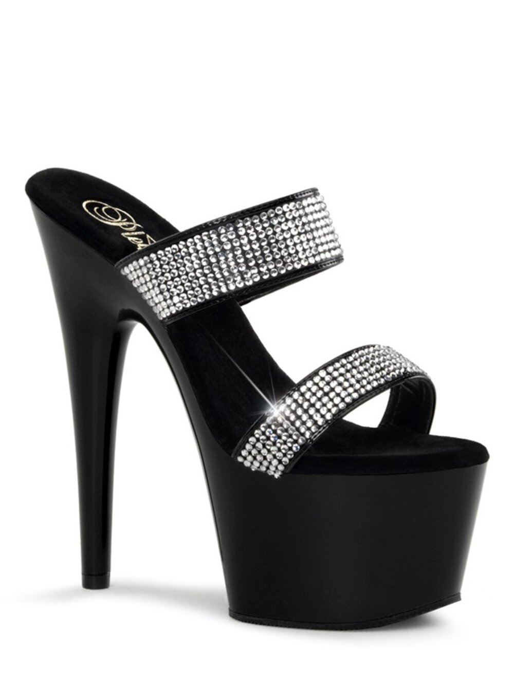 Pleaser Adore 702-2 Black Platform Slide High Heels with Rhinestones